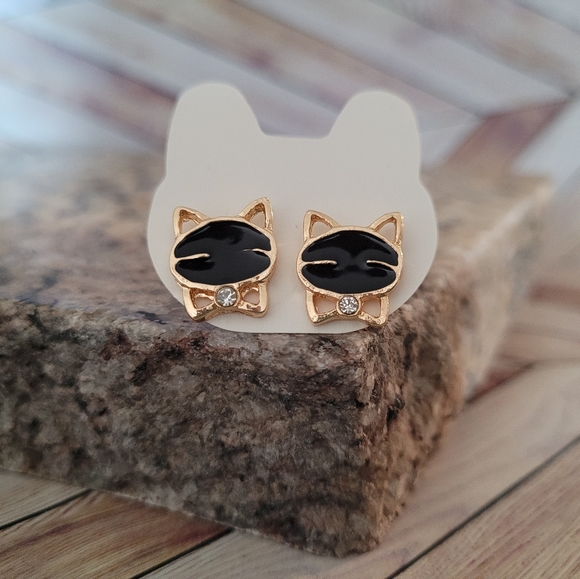 Gold Cat with Black Stone Stud Earrings ✨️ - Picture 2 of 7